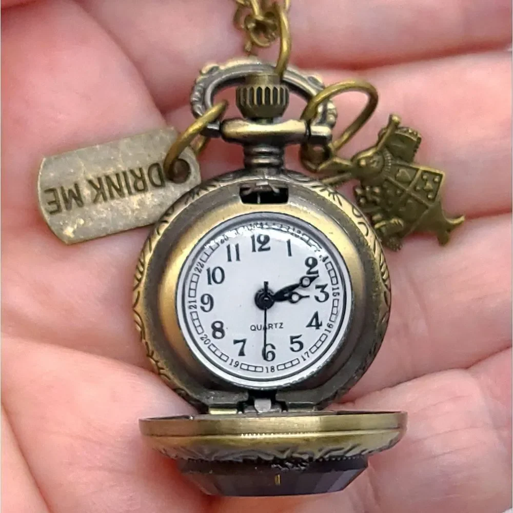 Alice In Wonderland Engraved Antique Bronze Quartz Pocket Watch Necklace Rabbit